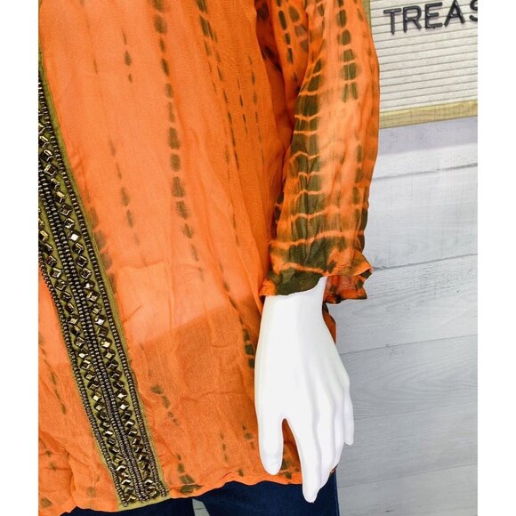 Michael Kors Switzerland Orange Brown Sheer Embellished V Neck Tunic Top Size S - Picture 12 of 16